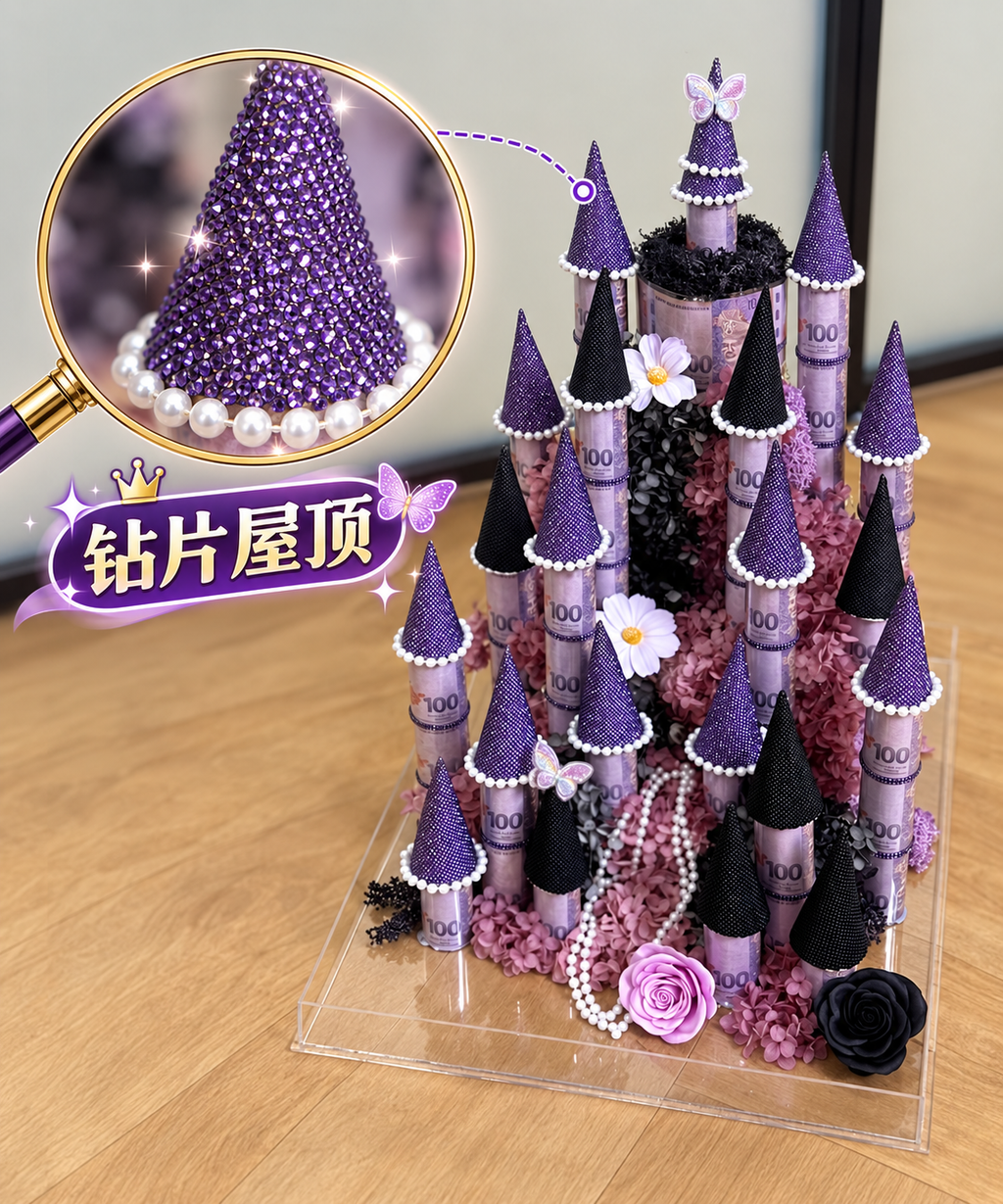 Lohsister Castle Money Flower Box Roof Rhinestone Decoration