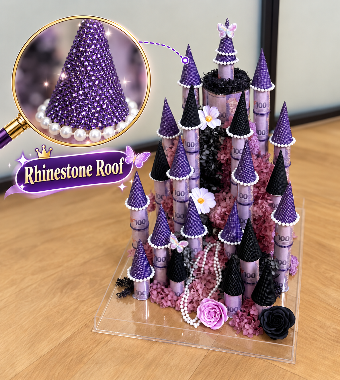 Lohsister Castle Money Flower Box Roof Rhinestone Decoration