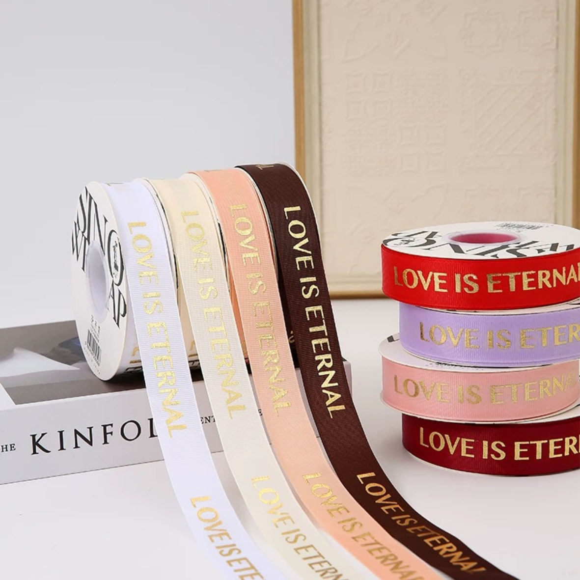 LohSister 2.5cm x 35yard Bronzing Love Is Eternal Wording Fabric Ribbon